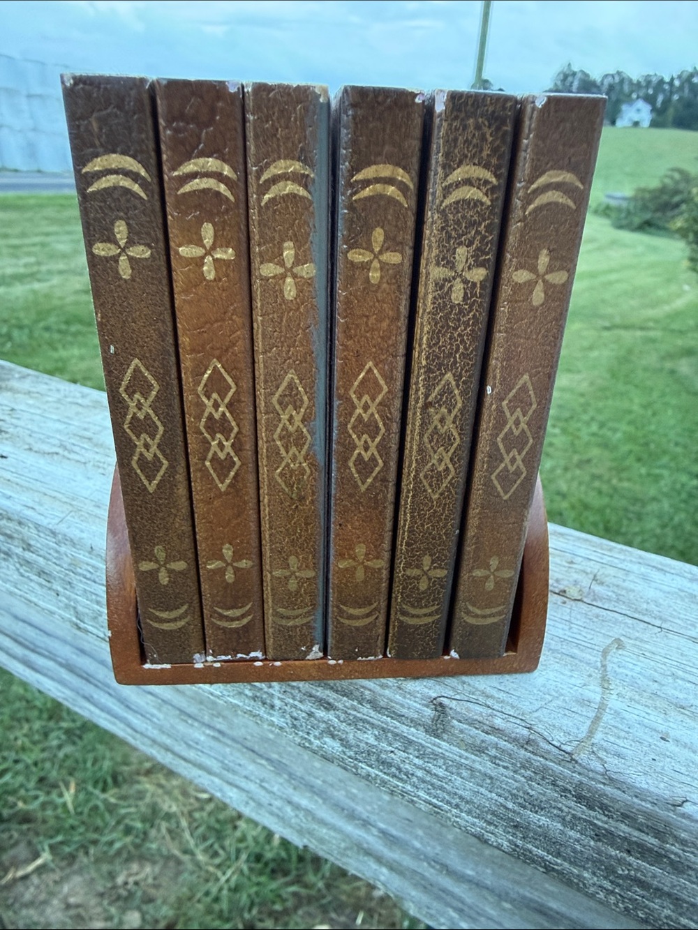 Vintage decorative Brown Faux Leather Book Set with Holder Rubble &Co 1970